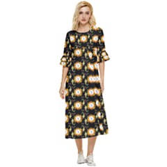 Flowers Pattern Double Cuff Midi Dress