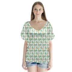 Flowers Pattern V-neck Flutter Sleeve Top by Sparkle