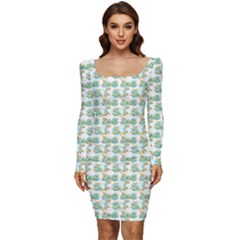 Flowers Pattern Women Long Sleeve Ruched Stretch Jersey Dress