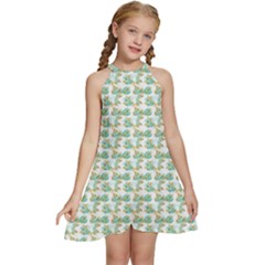 Flowers Pattern Kids  Halter Collar Waist Tie Chiffon Dress