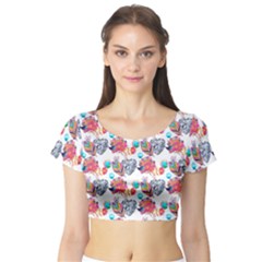 Flowers Diamonds Pattern Short Sleeve Crop Top by Sparkle