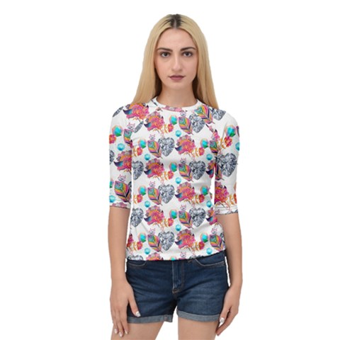 Flowers Diamonds Pattern Quarter Sleeve Raglan Tee by Sparkle