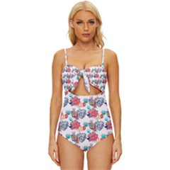 Flowers Diamonds Pattern Knot Front One-piece Swimsuit