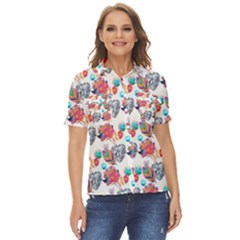 Flowers Diamonds Pattern Women s Short Sleeve Double Pocket Shirt