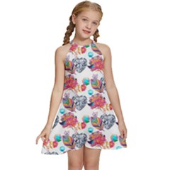 Flowers Diamonds Pattern Kids  Halter Collar Waist Tie Chiffon Dress