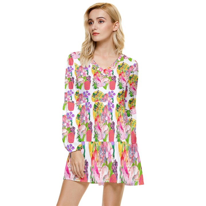 Bunch Of Flowers Tiered Long Sleeve Mini Dress