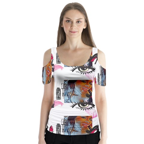 Modern Art Butterfly Sleeve Cutout Tee  by Sparkle