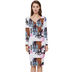 Modern Art Long Sleeve V-neck Bodycon Dress 