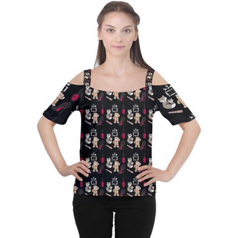 Cat Pattern Cutout Shoulder Tee by Sparkle