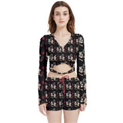 Cat Pattern Velvet Wrap Crop Top And Shorts Set by Sparkle