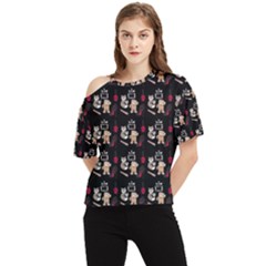 Cat Pattern One Shoulder Cut Out Tee by Sparkle