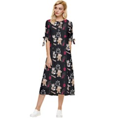 Cat Pattern Bow Sleeve Chiffon Midi Dress by Sparkle