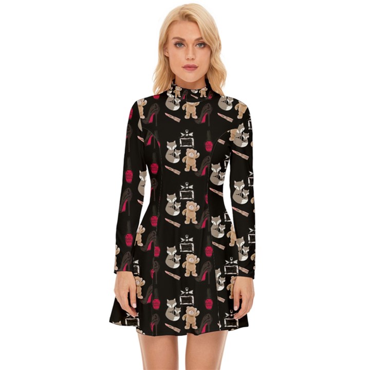 Cat Pattern Long Sleeve Velour Longline Dress