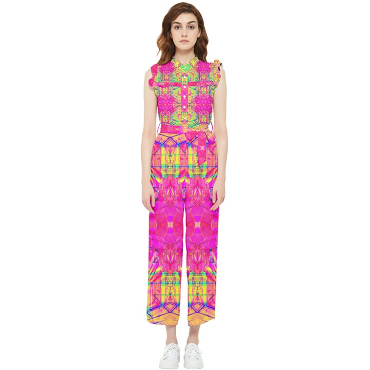 Kaleidoscopic Fun Women s Frill Top Chiffon Jumpsuit