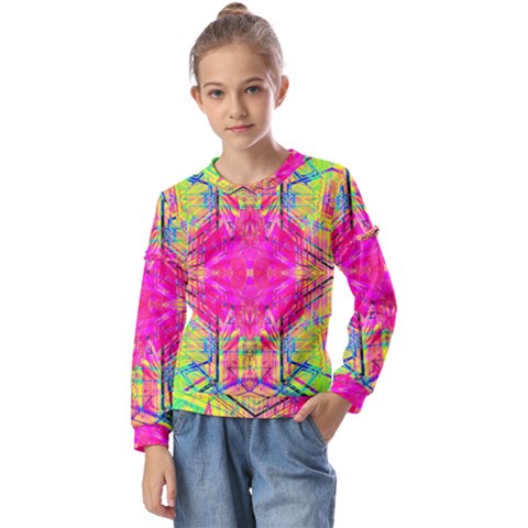 Kaleidoscopic Fun Kids  Long Sleeve Tee With Frill  by Thespacecampers