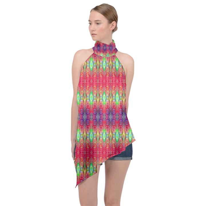 Psychedelic Synergy Halter Asymmetric Satin Top