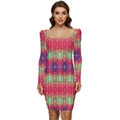 Psychedelic Synergy Women Long Sleeve Ruched Stretch Jersey Dress