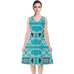 Abstract Pattern Geometric Backgrounds  V-neck Midi Sleeveless Dress  by Eskimos