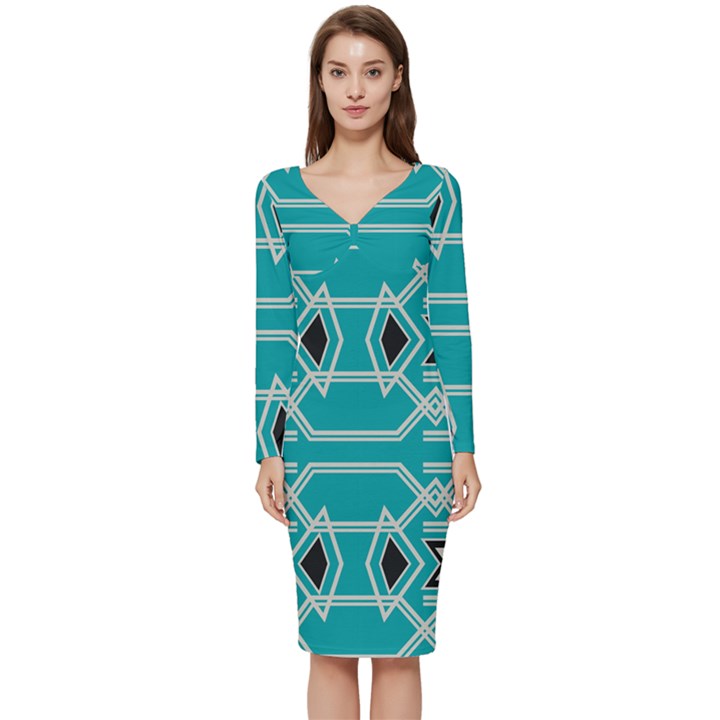 Abstract pattern geometric backgrounds  Long Sleeve V-Neck Bodycon Dress 