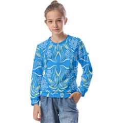 Folk Flowers Print Floral Pattern Ethnic Art Kids  Long Sleeve Tee With Frill 