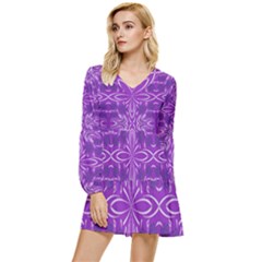 Folk Flowers Print Floral Pattern Ethnic Art Tiered Long Sleeve Mini Dress