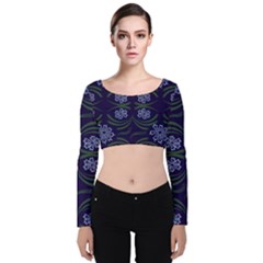 Folk Flowers Print Floral Pattern Ethnic Art Velvet Long Sleeve Crop Top by Eskimos