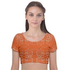 Folk Flowers Print Floral Pattern Ethnic Art Velvet Short Sleeve Crop Top  by Eskimos