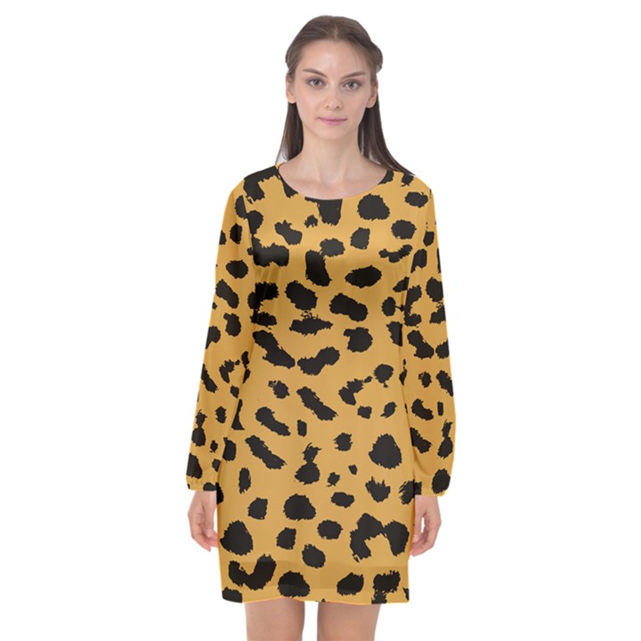 Animal print - Leopard Jaguar dots Long Sleeve Chiffon Shift Dress 