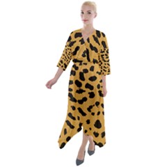 Animal Print - Leopard Jaguar Dots Quarter Sleeve Wrap Front Maxi Dress