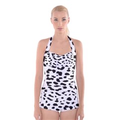 Black And White Leopard Dots Jaguar Boyleg Halter Swimsuit  by ConteMonfrey