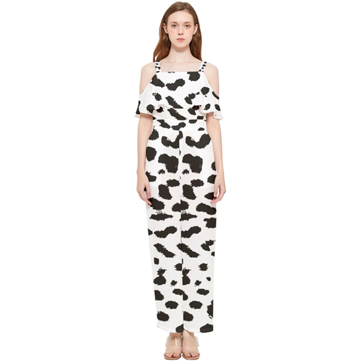 Black and white Leopard dots Jaguar Draped Sleeveless Chiffon Jumpsuit