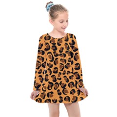 Orange Leopard Jaguar Dots Kids  Long Sleeve Dress by ConteMonfrey