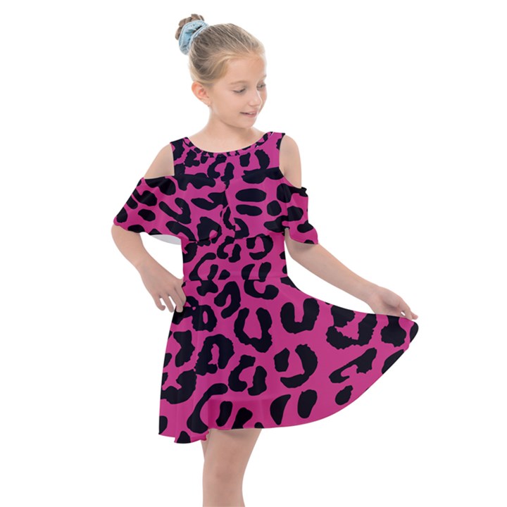 Leopard Print Jaguar dots pink neon Kids  Shoulder Cutout Chiffon Dress