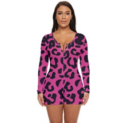 Leopard Print Jaguar Dots Pink Neon Long Sleeve Boyleg Swimsuit by ConteMonfrey