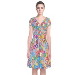 Floral Flowers Short Sleeve Front Wrap Dress