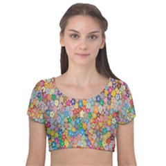 Floral Flowers Velvet Short Sleeve Crop Top  by artworkshop