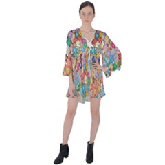 Floral Flowers V-neck Flare Sleeve Mini Dress by artworkshop