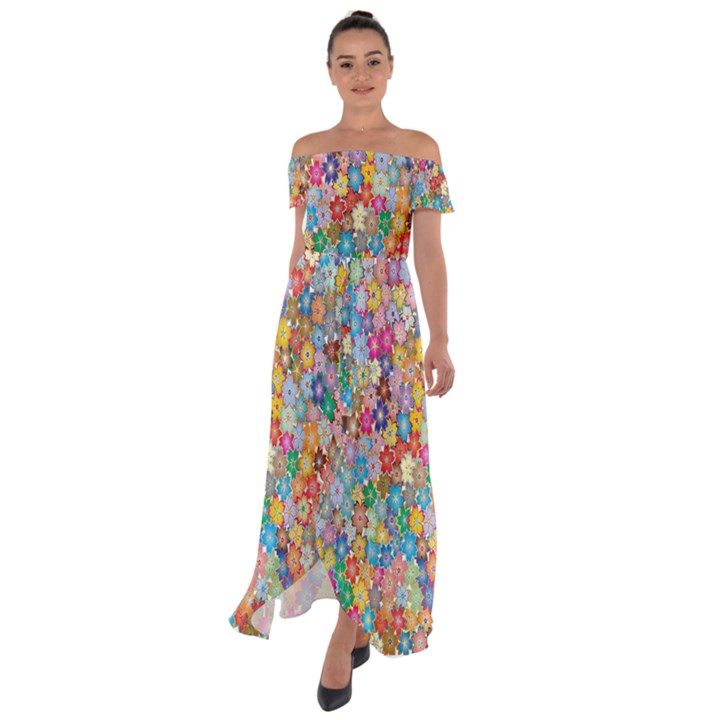 Floral Flowers Off Shoulder Open Front Chiffon Dress