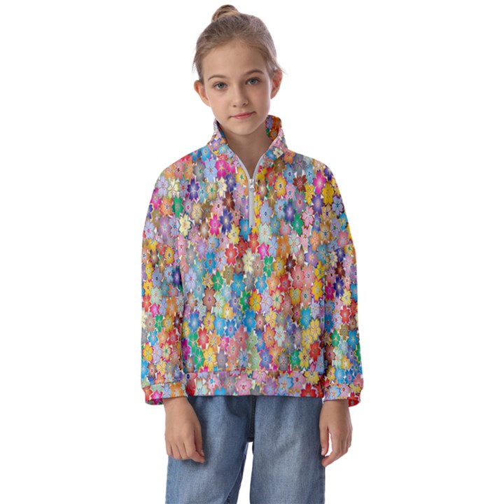 Floral Flowers Kids  Half Zip Hoodie