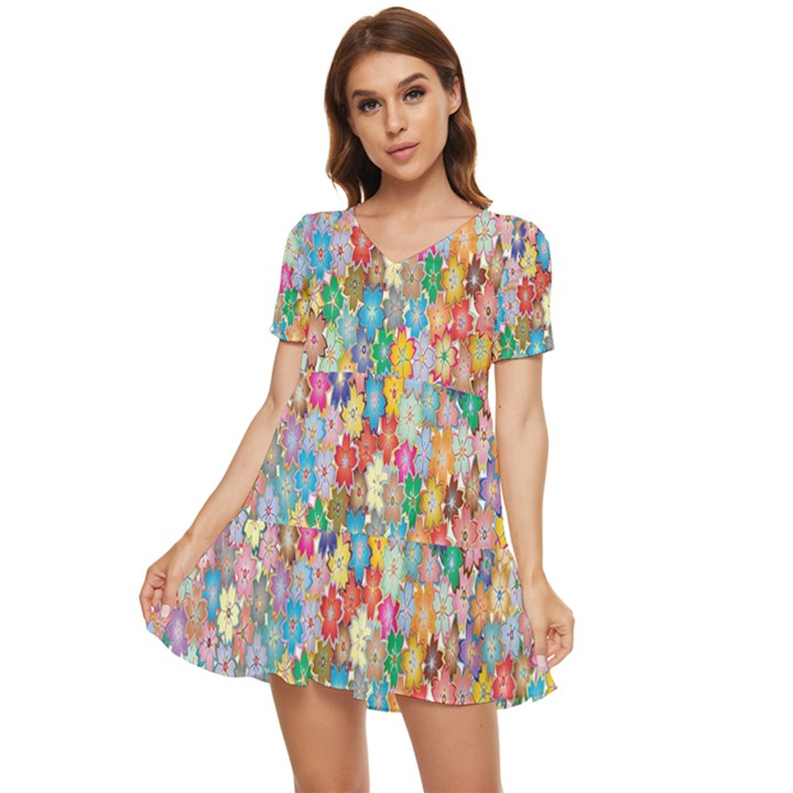 Floral Flowers Tiered Short Sleeve Babydoll Dress