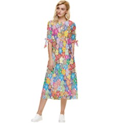 Floral Flowers Bow Sleeve Chiffon Midi Dress