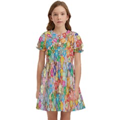 Floral Flowers Kids  Bow Tie Puff Sleeve Dress