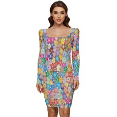 Floral Flowers Women Long Sleeve Ruched Stretch Jersey Dress