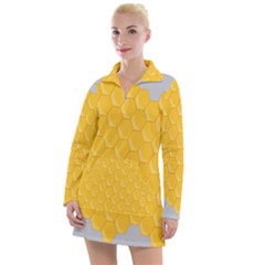 Hexagons Yellow Honeycomb Hive Bee Hive Pattern Women s Long Sleeve Casual Dress by artworkshop