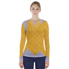 Hexagons Yellow Honeycomb Hive Bee Hive Pattern V-neck Long Sleeve Top by artworkshop