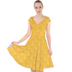 Hexagons Yellow Honeycomb Hive Bee Hive Pattern Cap Sleeve Front Wrap Midi Dress by artworkshop