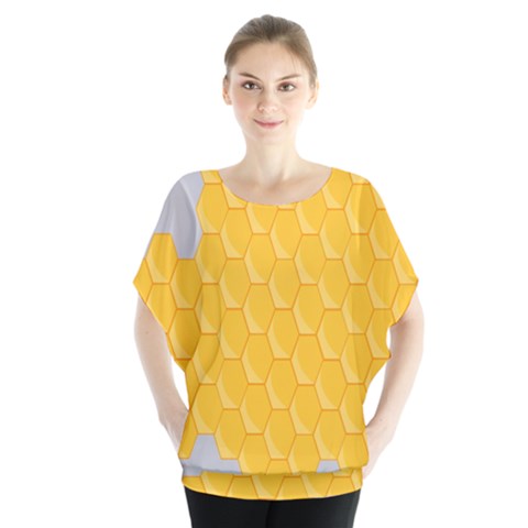 Hexagons Yellow Honeycomb Hive Bee Hive Pattern Batwing Chiffon Blouse by artworkshop