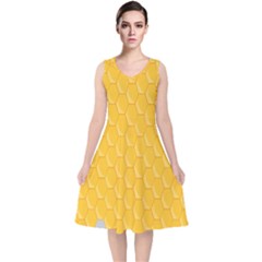 Hexagons Yellow Honeycomb Hive Bee Hive Pattern V-neck Midi Sleeveless Dress  by artworkshop