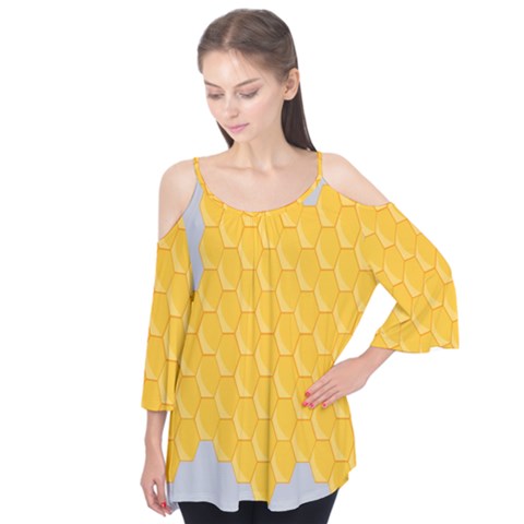 Hexagons Yellow Honeycomb Hive Bee Hive Pattern Flutter Sleeve Tee  by artworkshop