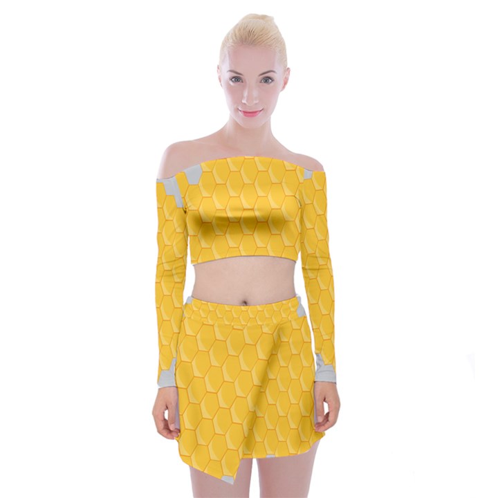 Hexagons Yellow Honeycomb Hive Bee Hive Pattern Off Shoulder Top with Mini Skirt Set